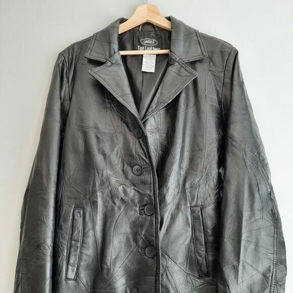 LE WORLD Vintage Genuine Leather Jacket Coat Patchwork Finish Black Sz L - Picture 3 of 14